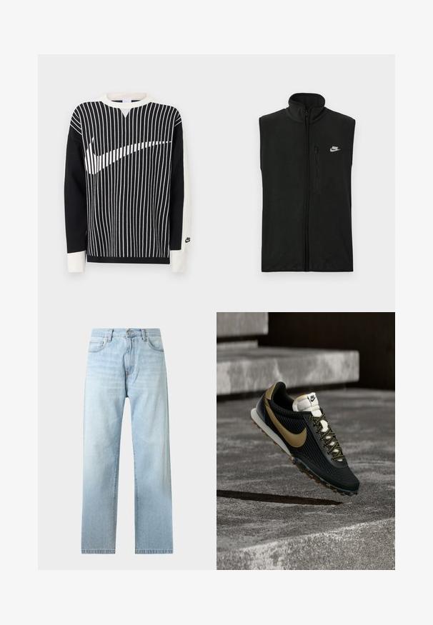 Μαύρο γιλέκο fleece με ψηλό γιακά και κλείσιμο με φερμουάρ μπροστά. Διαθέτει μία μικρή τσέπη με φερμουάρ και το λευκό λογότυπο της Nike στην επάνω αριστερή πλευρά.; Ασπρόμαυρο πουλόβερ μακρυμάνικο με κάθετες ρίγες που σχηματίζουν ένα μεγάλο λογότυπο Nike Swoosh στο μπροστινό μέρος και μικρό λογότυπο Nike στη μανσέτα του αριστερού μανικιού.; Φωτεινό μπλε τζιν με ίσια μπατζάκια, εμπρόσθιες τσέπες, θηλιές για ζώνη και κούμπωμα με κουμπί, εμφανιζόμενο σε απλό φωτεινό φόντο.; Μαύρο και χρυσό αθλητικό παπούτσι τρεξίματος Nike με υφή στο επάνω μέρος και κορδόνια με σχέδιο, που αιωρείται πάνω από τραχιά επιφάνεια σκυροδέματος και σκαλοπάτια.