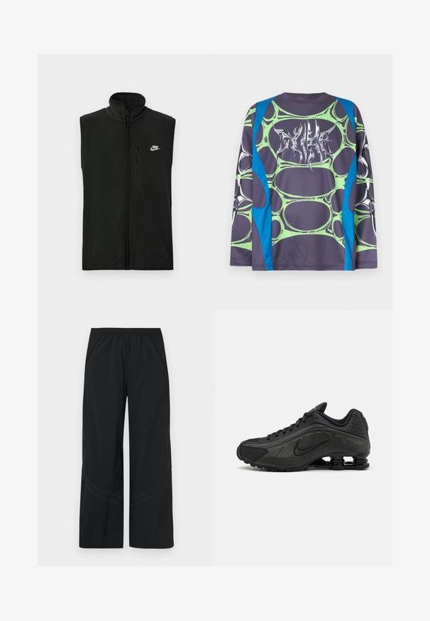 Must must vest kõrge kraega ja esiseeliku sulgemisega. Omab väikest tõmblukuga taskut ja valget Nike logo vasakul üleval küljel.; Pikkade varrukatega särk, valmistatud siledast kangast, tumedat halli alusvärvi, roheliste mullilaadsete mustrite ja siniste rõhuasetustega. Esiküljel on stiliseeritud valge graafika.; Mustad laia lõikega püksid, mis on valmistatud kergest kangast, elastse vöökohaga ja peenelt kaardus õmblusdetailidega ääres.; Mustad mustat jooksujalad, millel on sile sünteetiline ülemus, perforatsioonid, tekstureeritud külgpaneelid ja eristuv elastne tall.