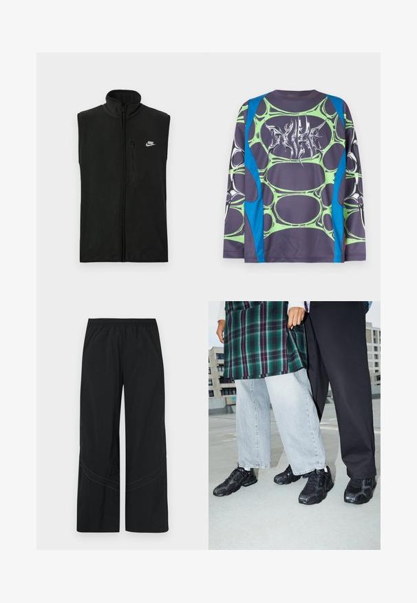 Melnā flīsa veste ar augstu apkakli un priekšējo rāvējslēdzēju. Iespējo mazu rāvējslēdzēja kabatu un baltu Nike logotipu kreisajā augšējā pusē.; Garām piedurknēm krekls no gludas auduma ar tumši pelēku pamatni, zaļiem burbuļveida rakstiem un zilām akcentēm. Priekšpusē stilizēts balts grafiskais attēls.; Melnas plaša piegriezuma bikses no viegla auduma ar elastīgu vidukļa joslu un smalku izliekuma šuvju detalizējumu apakšmalā.; Melnas sporta kurpes ar sieta un gumijas elementiem. Valkātas ar gaiši pelēkiem platām biksēm un raibā zaļā krekla. Gluda virsma fonā.