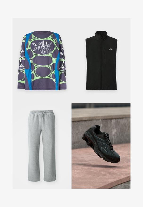 Μαύρο γιλέκο fleece με ψηλό γιακά και κλείσιμο με φερμουάρ μπροστά. Διαθέτει μία μικρή τσέπη με φερμουάρ και το λευκό λογότυπο της Nike στην επάνω αριστερή πλευρά.; Πουκάμισο με μακριά μανίκια από απαλό ύφασμα, με βάση σκούρου γκρι, πράσινα σχέδια που μοιάζουν με φυσαλίδες και μπλε λεπτομέρειες. Το εμπρός μέρος διαθέτει λευκό γραφικό με στυλιζαρισμένο σχέδιο.; Γκρι βαμβακερές φόρμες με ελαστική μέση, κλείσιμο με κορδόνι και ίσια παντελόνια. Διαθέτουν μικρό λογότυπο στη πάνω αριστερή πλευρά.; Μαύρο αθλητικό παπούτσι με ορατή μεσαία σόλα αέρα που αιωρείται πάνω από μια ροζ πέτρινη επιφάνεια με φόντο ένα γκρι πέτρινο τοίχο.