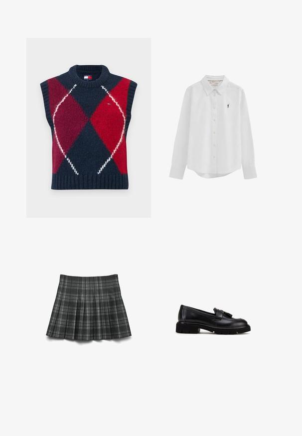 Mouwloze trui in marineblauw, rood en wit met een ruitpatroon. Gebreide textuur, geribde halslijn en zoom. Voorzien van een logolabel.; Witte blouse met lange mouwen, knopen en kraag, met een klein zwart geborduurd logo van een polo-speler op de linkerborst.; Zwart en grijs geruite geplooide rok met een gladde textuur, met verticale en horizontale lijnen voor een gestructureerd ontwerp.; Zwarte leren loafer met dikke profielzool en kwastdetail bovenop, zijaanzicht op een witte achtergrond.