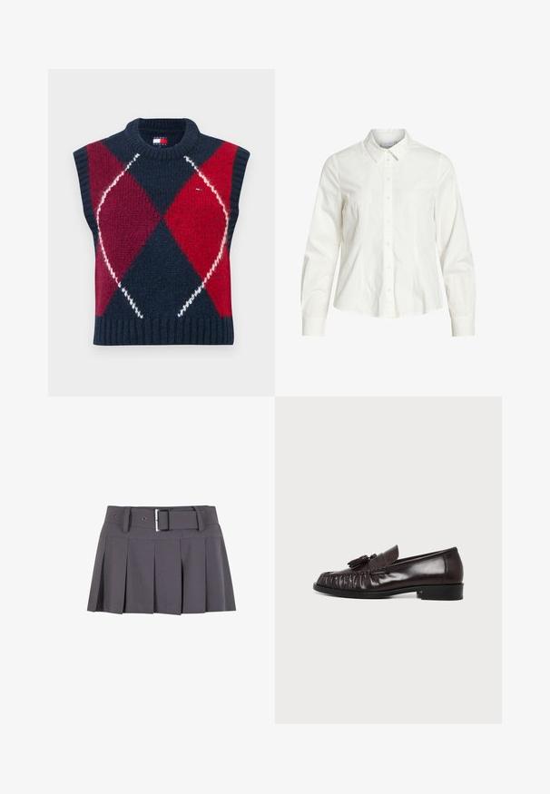 Ærmeløs sweater i marineblå, rød og hvid med et argylemønster. Strikket tekstur, ribbet halsudskæring og kant. Indeholder en logomærkat.; Hvid skjorte med knapper lavet af bomuld, med klassisk krave, lange ærmer og diskrete pintuck-detaljer fortil. Glat tekstur.; Grå plisseret mini skirt med en glat tekstur, der har en bred taljeafsnit, bæltestropper og en rektangulær sølvspænde detalje.; Mørkebrun læderloafer med kvastdetalje, lav hæl og sammensyet syning foran, vist i profil på hvid baggrund.