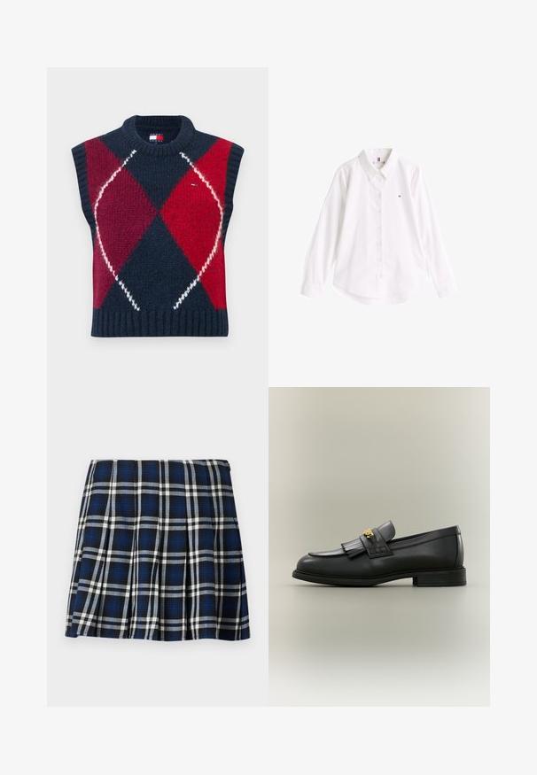 Chaleco sin mangas en azul marino, rojo y blanco con un patrón de rombos. Textura de punto, escote y dobladillo acanalados. Cuenta con una etiqueta con logo.; Camisa blanca de algodón con cuello clásico, mangas largas y dobladillo curvado. Presenta un pequeño logo de color en el pecho.; Falda corta de cuadros en colores azul marino, negro y blanco. Con pliegues y una textura suave. Cierre de cremallera en el lateral.; Mocasín de cuero negro con detalle de flecos y emblema dorado sobre un fondo neutro, visto de lado.