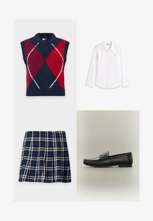 Chaleco sin mangas en azul marino, rojo y blanco con un patrón de rombos. Textura de punto, escote y dobladillo acanalados. Cuenta con una etiqueta con logo.; Camisa blanca de manga larga con botones, cuello y pequeño logotipo bordado en el pecho izquierdo.; Falda corta de cuadros en colores azul marino, negro y blanco. Con pliegues y una textura suave. Cierre de cremallera en el lateral.; Mocasín de cuero negro con costuras estilo mocasín, tacón bajo y detalle metálico dorado en la correa, mostrado de perfil sobre fondo beige.