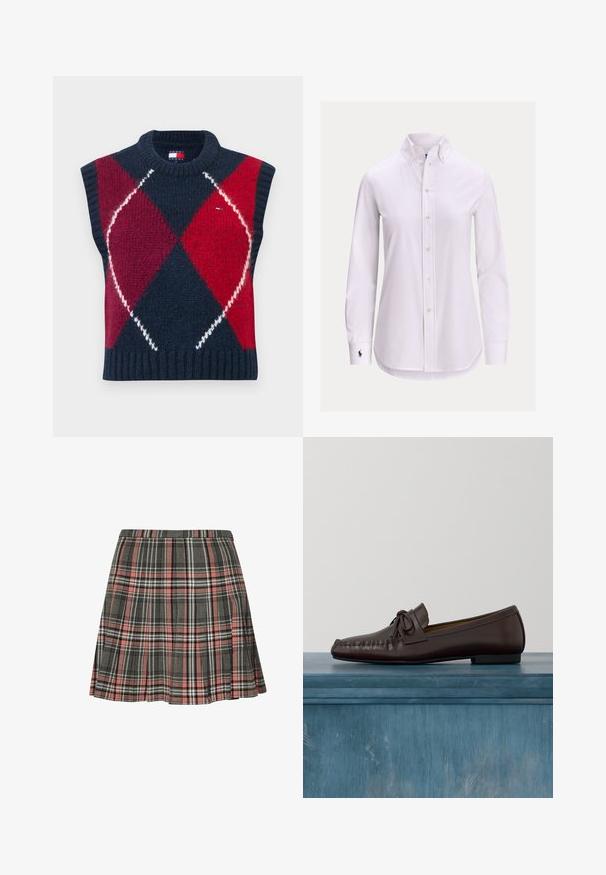 Ærmeløs sweater i marineblå, rød og hvid med et argylemønster. Strikket tekstur, ribbet halsudskæring og kant. Indeholder en logomærkat.; Hvid langærmet skjorte med knapper foran, knappet krave og lille broderet logo på venstre manchet.; Rutnederdel i grå og pink med plisseret design og sorte og hvide accenter. Fremstillet af vævet stof, midt på låret længde.; Brune læder loafers med en rundet tå, sløjfedetalje og dekorativ syning langs vampen. Flad sort gummisål.
