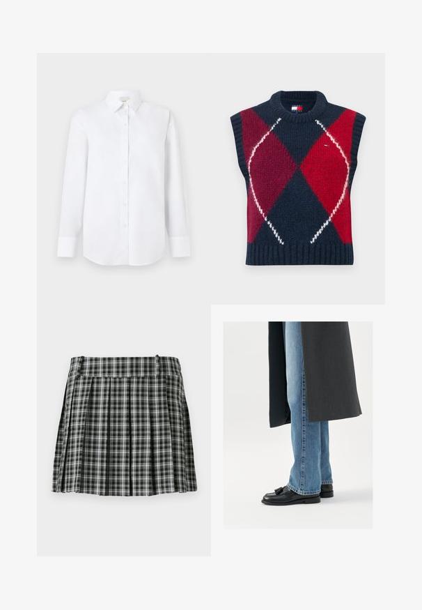 Mouwloze trui in marineblauw, rood en wit met een ruitpatroon. Gebreide textuur, geribde halslijn en zoom. Voorzien van een logolabel.; Witte lange mouwen shirt van gladde stof, met een knoopsluiting aan de voorkant, klassieke kraag en afgeronde zoom met geknoopte manchetten.; Zwart-wit geruite geplisseerde rok met een gladde tailleband en meerdere verticale plooien. Gemaakt van lichte stof.; Zwarte leren instappers met kwastjes, gedragen met lichtblauwe rechtlopende jeans, aangevuld met een donkergrijze jas. Schone lijnen en textiel met structuur.