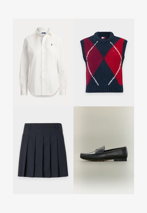 Ærmeløs sweater i marineblå, rød og hvid med et argylemønster. Strikket tekstur, ribbet halsudskæring og kant. Indeholder en logomærkat.; Hvid langærmet skjorte med knapper, krave og lille blåt logo af en polospiller på venstre bryst.; Mørkeblå plisseret nederdel med flad linning, lavet af glat stof. Har flere lodrette plisser og et skræddersyet design.; Sort læderloafer med mokkasyning, lav hæl og guldfarvet metaldetalje på remmen, vist i profil på beige baggrund.