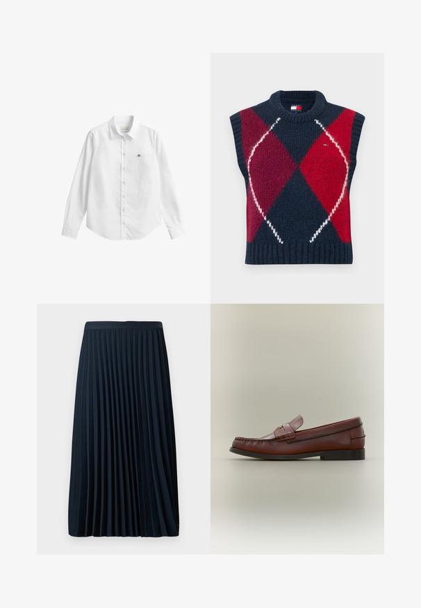 Ærmeløs sweater i marineblå, rød og hvid med et argylemønster. Strikket tekstur, ribbet halsudskæring og kant. Indeholder en logomærkat.; Hvid skjorte med lange ærmer og knapper lavet af stof med en let tekstur. Har en frontlomme med en lille broderet logo og en klassisk krave.; Fryse navy nederdel med en struktureret talje, lavet af et glat stof, med jævnt fordelt lodrette frynser og en længde til midt på læggen.; Brun læderherresko med sort sål og dekorativ stropdetalje, vist i profil på en neutral baggrund.