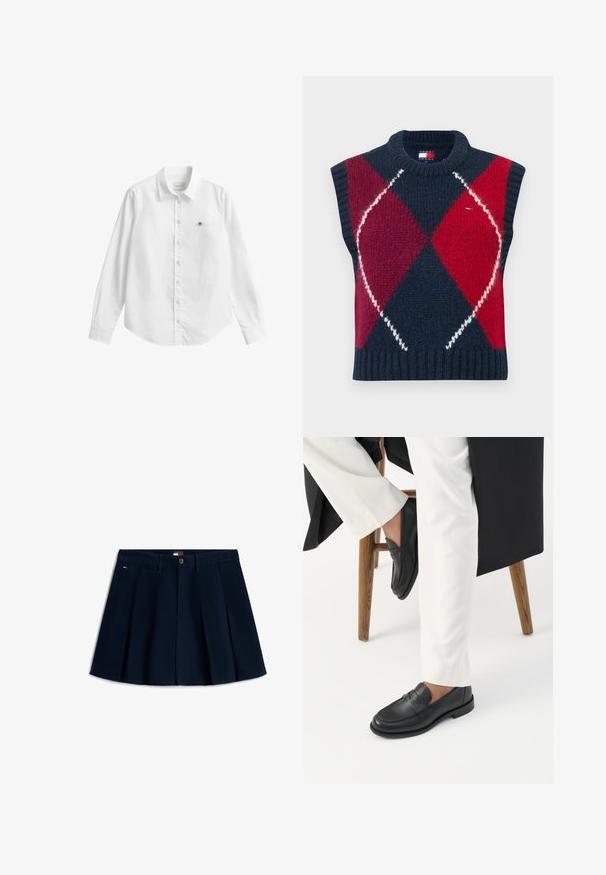 Ærmeløs sweater i marineblå, rød og hvid med et argylemønster. Strikket tekstur, ribbet halsudskæring og kant. Indeholder en logomærkat.; Hvid skjorte med lange ærmer og knapper lavet af stof med en let tekstur. Har en frontlomme med en lille broderet logo og en klassisk krave.; Marineblå plisseret mininederdel med knapper foran og lynlås, bæltestropper, sidelommer og lille logo på venstre hofte.; Person iført sorte læder loafers og hvide bukser, siddende på en træskammel mod en hvid baggrund.
