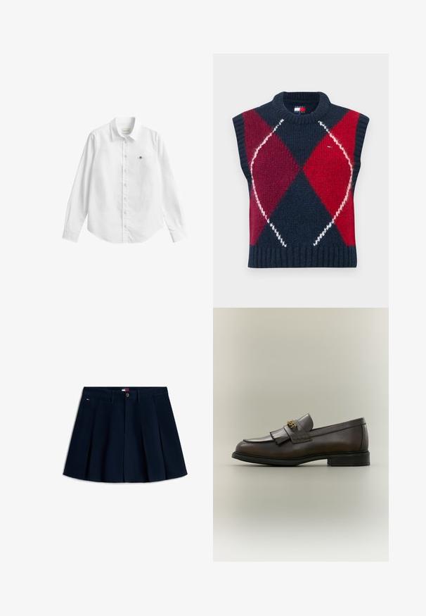 Mouwloze trui in marineblauw, rood en wit met een ruitpatroon. Gebreide textuur, geribde halslijn en zoom. Voorzien van een logolabel.; Wit overhemd met lange mouwen en knoopsluiting, gemaakt van stof met een lichte textuur. Voorzien van een borstzak met een klein geborduurd logo en een klassieke kraag.; Navyblauwe geplooide minirok met knopen aan de voorkant en ritssluiting, riemlussen, zijzakken en een klein logo op de linker heup.; Donkerbruine leren loafer met franjes en gouden gesp op zwarte zool, gezien van opzij tegen een neutrale achtergrond.