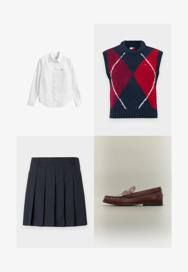 Chaleco sin mangas en azul marino, rojo y blanco con un patrón de rombos. Textura de punto, escote y dobladillo acanalados. Cuenta con una etiqueta con logo.; Camisa blanca de manga larga con botones, confeccionada en tela con una ligera textura. Cuenta con un bolsillo frontal con un pequeño logo bordado y un cuello clásico.; Falda plisada azul oscuro con una pretina plana, hecha de tela lisa. Presenta múltiples pliegues verticales y un diseño ajustado.; Mocasín de cuero marrón para hombre con suela negra y detalle decorativo de correa, mostrado de perfil sobre un fondo neutro.