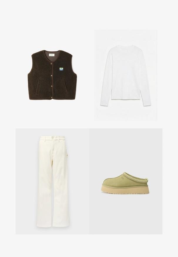Veste sans manches en polaire marron avec boutons-pression à l'avant, deux poches latérales et un petit patch rectangulaire bleu et jaune sur la poitrine gauche.; T-shirt blanc uni à manches longues et col rond, posé à plat sur une surface blanche, montrant l'avant et la longueur complète des manches.; Good American GOOD 90S CARPENTER - Wide Leg - white denim; UGG TAZZ II - Chaussons - muted brass
