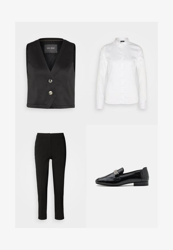 Gilet noir avec un design en V, comportant deux boutons métalliques et un tissu texturé. Ourlet simple et sans manches. Étiquette de marque visible.; Chemise blanche à boutons, à manches longues, col classique, en coton lisse, avec une rangée de boutons, coupe ajustée et manches à poignets.; Pantalons noirs ajustés avec une coupe slim, devant plat et sans poches visibles, offrant une texture lisse et une finition soignée au bas.; Mocassins en cuir noir avec un petit talon, ornés d'une boucle en cristal décorative sur le dessus. Fini lisse avec un design à bout rond.