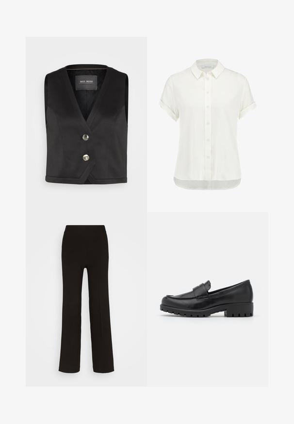 Gilet noir avec un design en V, comportant deux boutons métalliques et un tissu texturé. Ourlet simple et sans manches. Étiquette de marque visible.; Blouse blanche à manches courtes en tissu léger, avec un devant à boutons, un col et des poignets retroussés, ainsi qu'un ourlet légèrement arrondi.; Pantalons noirs à jambes larges en tissu lisse, dotés d'une taille haute ajustée et sans matériel ni motifs visibles.; Mocassins en cuir noir avec un bout arrondi, un soulignement cousu et une semelle en caoutchouc épaisse avec un relief visible. Surface lisse.