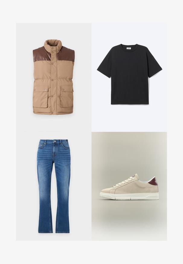 Bruine mouwloze gewatteerde vest met een neplederen schouderstuk, drukknoopsluiting en twee zakken aan de voorkant. Zachte textuur, gepolsterde isolatie.; Zwart T-shirt met korte mouwen en ronde hals met een ontspannen pasvorm, vooraanzicht, effen ontwerp en zichtbaar Weekday-merklabel binnenin de kraag.; Jeans met uitlopende pijpen in medium blauw. Heeft een vijfzakkenontwerp, stikselaccenten, een knoopsluiting en een licht vervaagde textuur op de benen.; Beige suède lage sneaker met witte zool, beige veters en donkerrode hielstreep met witte merktekst.