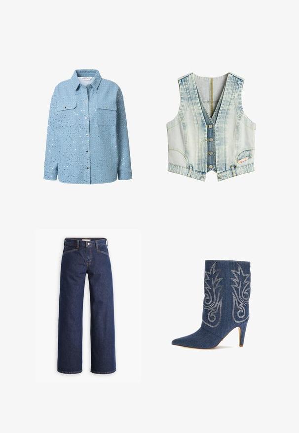 Lyse vaskede denimvest med fire metal knapper foran og detaljeret syning på lommer og sider.; Lysblå denimskjorte med sølvfarvede pailletter, lange ærmer, krave, to brystlommer og trykknaplukning. Glat tekstur og detaljeret udsmykning.; Mørkeblå denim jeans med høj talje, bred benklipp og diskret orange syninger. Har knap- og lynlåslukning foran.; Denim ankelstøvle med spids tå, buet design, sølv dekorativ syning og 3-tommer stiletto hæl. Mørkeblå med struktureret finish.