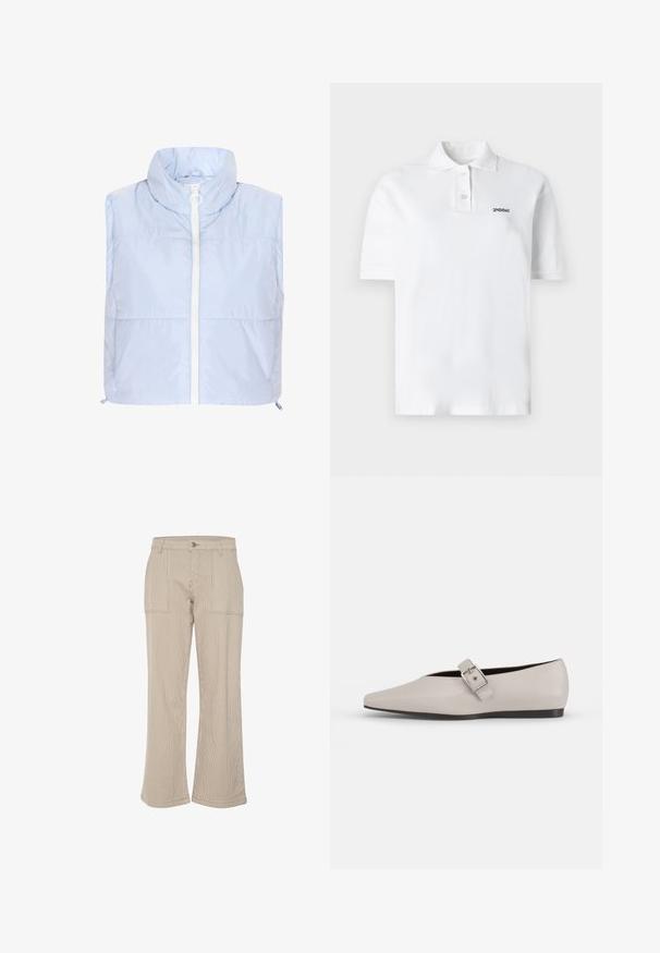 Hele sinine puff-veste kõrge kraega, esikinnitus ja sile, läikiv pind. Omab horisontaalset õmblust ja käeauke pole.; Valge puuvillane polo särk, klassikalise krae, kolme nööbi ja väikese musta logoga vasakul rinnal. Lühikesed varrukad.; Beževi kašmíra laiad püksid vertikaalsete triipudega, millel on kaks eesmist taskut ja ühe haaknupuga sulgemine. Pehme tekstuur ja mugav lõige.; Beez värvi nahast lamedad kingad terava varbaga, külgsuunas neetide aktsent ja madal must tall. Sile tekstuur ja minimalistlik disain.