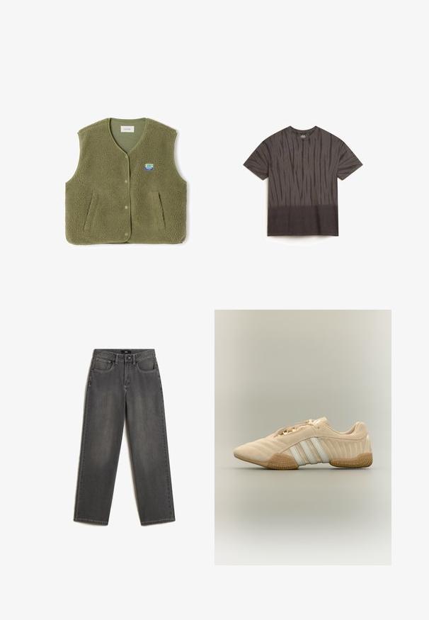 Grøn fleecevest med en tekstureret, blød overflade. Har v-udskæring, knaplukning, to frontlommer og en lille logo-patch.; Vans HEADLINER - T-shirts print - black; Grå vidde jeans lavet af denim. Har fem lommer, en frontknap og lynlås lukning, samt subtil fading på stoffet.; Beige ruskindsneakers med hvide striber og tekstureret gummisål, sidevisning på neutral baggrund.