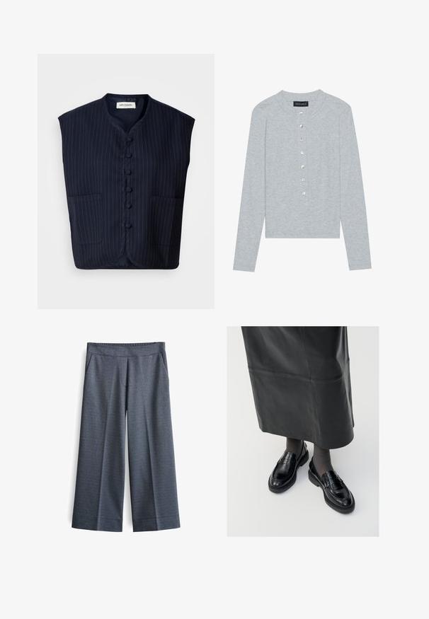 Navyblaues ärmelloses Hemd mit Streifenmuster, Knopfverschluss, Stehkragen und zwei vorderen Taschen. Weicher Stoff, strukturierte Form.; Grauer Cardigan mit langen Ärmeln aus geripptem Stoff, mit rundem Ausschnitt und sechs vorderen Knöpfen mit leichtem Glanz.; Weite Hosen aus dunkelgrauem Stoff. Mit elastischem Bund, zwei Vordertaschen und einer glatten Textur mit einem dezenten Muster.; Schwarze Lederloafers mit glatter Oberfläche, verziert mit einem dekorativen Riemen, runder Zehenpartie und texturierten Sohlen. Getragen mit einem langen schwarzen Lederrock.