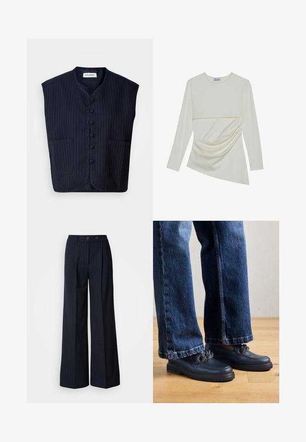Navyblaues ärmelloses Hemd mit Streifenmuster, Knopfverschluss, Stehkragen und zwei vorderen Taschen. Weicher Stoff, strukturierte Form.; Langärmliges cremefarbenes Oberteil mit Rundhalsausschnitt, das ein geschichtetes Design und Raffung im unteren Bereich aufweist. Weicher Stoff mit glatter Textur.; Marineblau gestreifte weite Hose mit zwei vorderen Knöpfen, taillierter Schnitt, Bügelfalte vorne und glatter Textur.; Dunkelblaue Leder Schuhe mit einer massiven Sohle und Kettendetails auf dem Obermaterial, kombiniert mit lockeren, dunkelblauen Jeans.