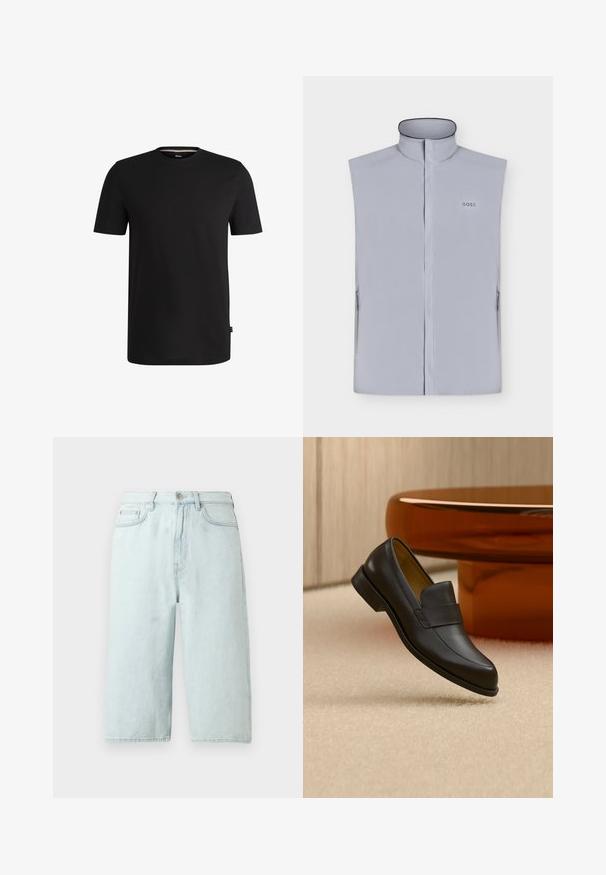 Lichtgrijs mouwloos vest met hoge kraag, ritssluiting aan de voorkant, zijzakken en klein "BOSS"-logo op de linkerborst.; Zwarte short-sleeve t-shirt gemaakt van soepel katoen met een ronde halslijn. Heeft een subtiele merklabel aan de linkerkant nabij de zoom.; Lichtblauwe denim shorts met een rechte pijp, een taille die tot halverwege de heupen reikt, steekzakken aan de voorkant en een enkele achterzak, afgewerkt met subtiele stiksels.; Zwarte leren loafer met lage hak zwevend boven een beige tapijt dichtbij een ronde bruine tafel.