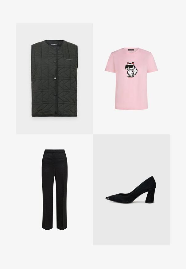 Quiltet vest i mørkegrøn, med rundet halsudskæring, trykknapper og et subtilt logo på brystet. Letvægts, med et geometrisk mønster.; Lyserød kortærmet T-shirt med en tegneseriehvid kat iført sorte solbriller trykt på brystet og teksten "KARL LAGERFELD" nedenunder.; Sorte brede bukser med et struktureret stofmønster, der har lige skæring og elastisk talje for komfort. Ingen lommer.; Sort ruskind højhælet pumpe med spids tå, udstyret med en blank sort kappel og en kraftig, tapered hæl.
