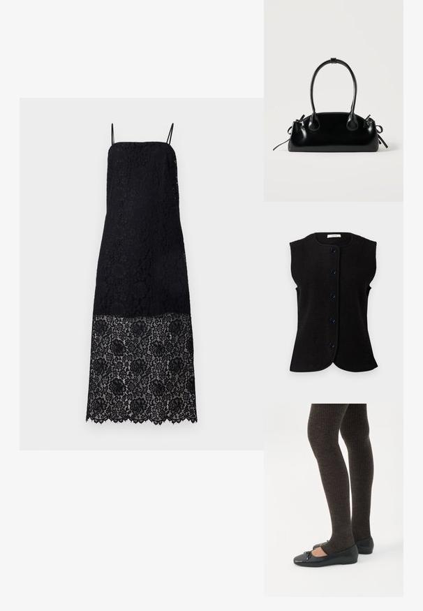 Gilet sans manches noir en laine, avec un col rond et cinq boutons bleus sur le devant. Texture lisse et ourlet légèrement arrondi.; Robe noire en dentelle avec des bretelles spaghetti, présentant des motifs floraux élaborés. Le ourlet est festonné, ajoutant du détail au design du tissu.; Jambes portant des leggings côtelés foncés associés à des ballerines noires avec de petits détails en nœud sur fond blanc.; Petit sac à main noir brillant avec deux longues anses et des détails à cordon sur les côtés sur un fond clair uni.