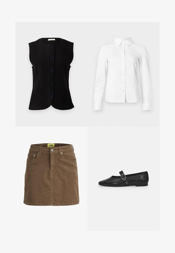 Zwarte mouwloze vest gemaakt van wol, met een ronde halslijn en vijf blauwe knopen aan de voorkant. Glad textuur en iets gebogen zoom.; Witte blouse met lange mouwen en knopen, met puntige kraag, rechte zoom en aansluitende silhouet, weergegeven op een effen lichte achtergrond.; Bruine corduroy minirok met knopen en ritssluiting aan de voorkant, riemlussen en voorzakken, met een gele JJXX-label aan de binnenkant van de tailleband.; Zwarte leren platte schoen met een ronde neus, een enkele verstelbare gespsluiting en een gladde, glanzende textuur. Minimalistisch ontwerp met een lage hak.