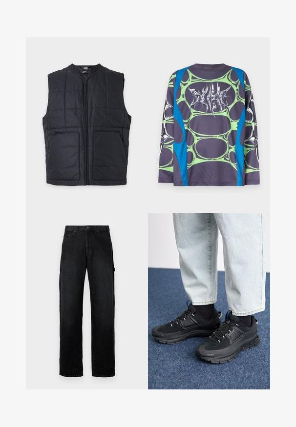 Zwarte doorgestikte mouwloze vest met ritssluiting aan de voorkant en twee grote zakken, met het The North Face-logo op de onderste rechterzak.; Langarmshirt gemaakt van gladde stof, met een donkergrijze basis, groene bubbelachtige patronen en blauwe accenten. Aan de voorkant een gestileerde witte afbeelding.; Zwarte denim jeans met een rechte pijp, voorzien van voorzakken, knoopsluiting en zijzakken voor extra opbergruimte.; Zwarte sportschoenen met gestructureerde stof en rubberen zolen, met elastische veters en een blauwe accent op de hiel. Draag samen met lichte spijkerbroeken.
