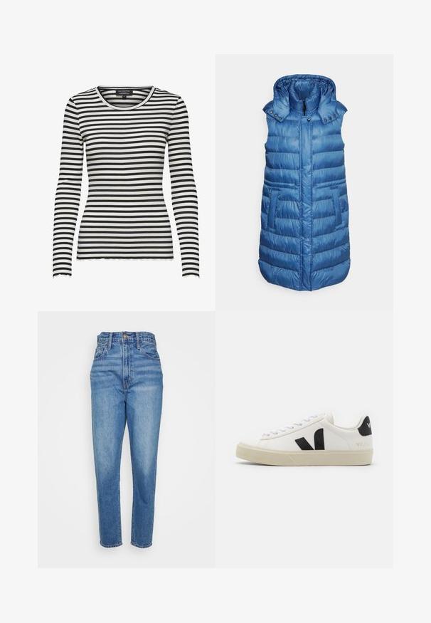 FUCHS SCHMITT THERMORE - Chaleco - azur; Camiseta negra y blanca de rayas horizontales con manga larga, acanalada, con cuello redondo y bordes ondulados en puños y bajo.; Jeans de cintura alta en azul con un diseño de pierna recta, fabricados en tela de mezclilla. Presentan presillas para el cinturón y un estilo estándar de cinco bolsillos.; Zapatilla de cuero blanca con logo V de goma negra. Suela texturizada en blanco roto, cordones blancos y detalle en el talón trasero con el nombre de la marca en negro.