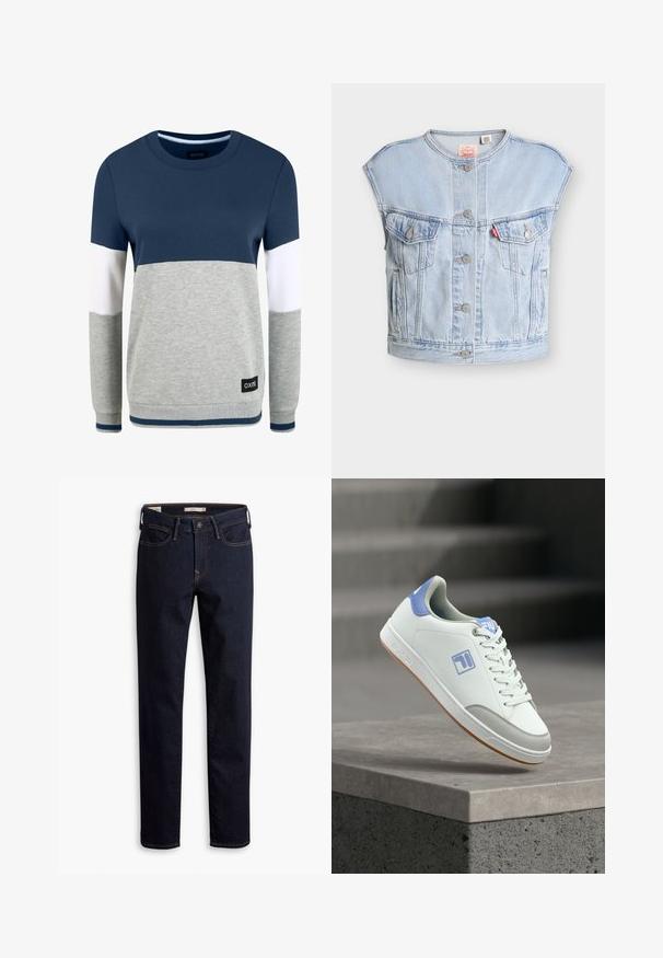 Lichtblauwe mouwloze spijkervest met knopen aan de voorkant, twee borstzakken met knopen, zijzakken en een rood Levi's-label op de linkerborstzak.; Oxmo OMAYA - Sweater - insignia blue; Donkerblauwe rechte jeans met knoop- en ritsluiting, voor- en achterzakken en contraststiksels.; Witte sneaker met blauwe accenten en veters, rustend op een grijze stenen richel, met zichtbaar logo aan de zijkant en hiel tegen een vage donkere achtergrond.