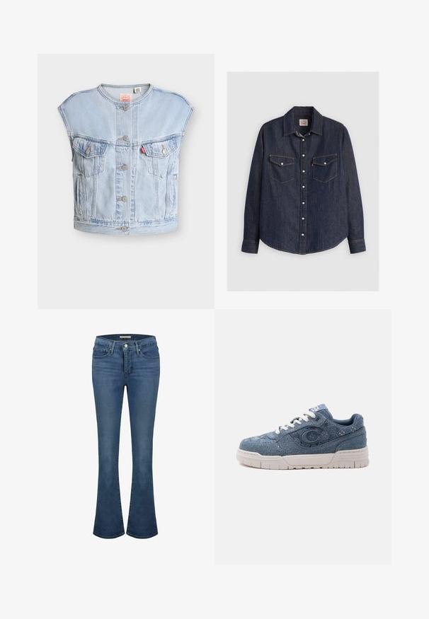 Hellblaues ärmelloses Jeansweste mit vorderen Knöpfen, zwei Brusttaschen mit Knöpfen, Seitentaschen und einem roten Levi's-Tag auf der linken Tasche.; Dunkelblaues Denim-Hemd mit langen Ärmeln, knöpfbarem Frontverschluss, zwei Brusttaschen mit Klappen und kontrastierendem gelben Stich.; Blaue Jeans im Flared-Stil mit mittelhoher Taille, ausgestattet mit Ziernähten, zwei vorderen Taschen und einer hinteren Paspeltasche.; Blauer Denim-Sneaker mit weißer Sohle und Schnürsenkeln, mit großem "C"-Emblem an der Seite und strukturiertem Stoffdesign.