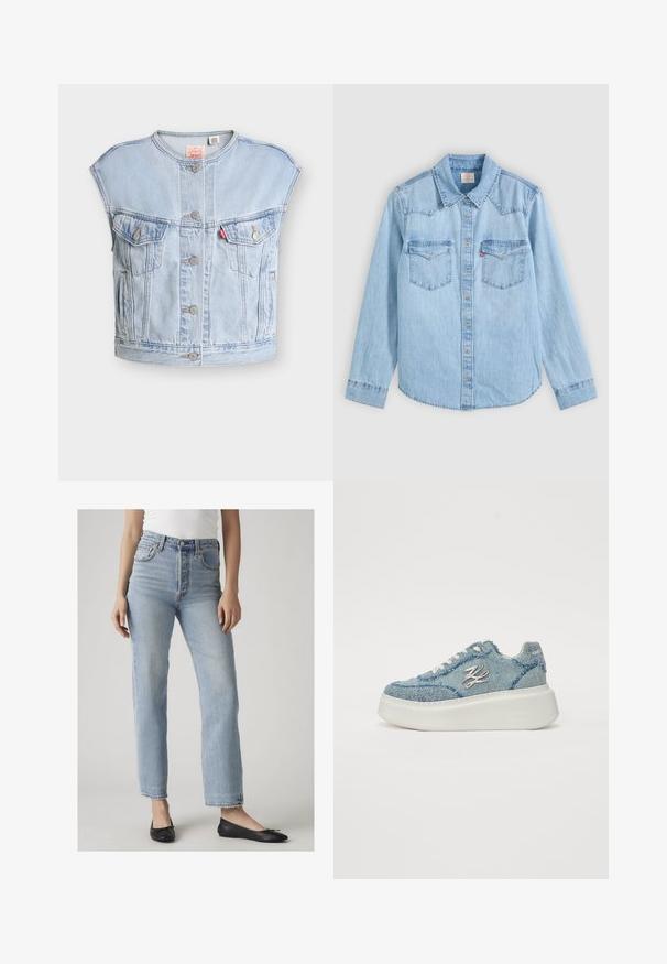 Lyseblå ærmeløs denimvest med frontknapper, to brystlommer med knapper, sidelommer og et rødt Levi's-mærke på venstre lomme.; Lyseblå denimskjorte med lange ærmer, knaplukning, to brystlommer med klapper og en klassisk spids krave på en grå baggrund.; Kvinde iført lyseblå jeans med høj talje og lige ben samt sorte balletsko, stående mod en ensfarvet lys baggrund.; Denim sneakers med en tyk hvid platformsål. Har slidte kanter og metalliske detaljer, herunder et dekorativt logo på siden.