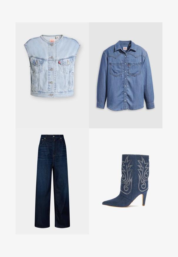 Lichtblauwe mouwloze spijkervest met knopen aan de voorkant, twee borstzakken met knopen, zijzakken en een rood Levi's-label op de linkerborstzak.; Lichtblauw denimshirt met een puntkraag, twee borstzakken en drukknopen. Voorzien van een westernstijl yoke-ontwerp.; Hoge taille donkerblauwe wijdvallende jeans met voorzakken, knoop- en ritssluiting, weergegeven tegen een effen achtergrond.; Denim enkellaarsjes met een spitse neus, gebogen ontwerp, zilveren decoratieve stiksels en een 7,5 cm stilettohak. Donkerblauw met een gestructureerde afwerking.