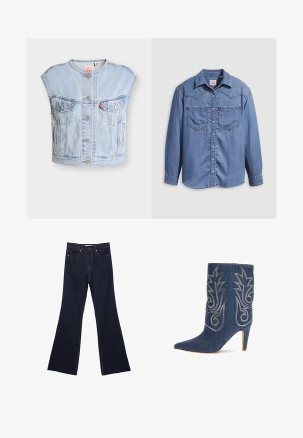 Hellblaues ärmelloses Jeansweste mit vorderen Knöpfen, zwei Brusttaschen mit Knöpfen, Seitentaschen und einem roten Levi's-Tag auf der linken Tasche.; Hellblaues Jeanshemd mit spitzem Kragen, zwei Brusttaschen und Druckknöpfen. Verfügt über ein Western-Stil Rückenpasse-Design.; Dunkelblaue Jeans mit ausgestelltem Bein, ausgestattet mit einem klassischen Fünf-Taschen-Design und sichtbaren Nähten. Der Stoff hat eine glatte Textur mit minimalen Verblassungen.; Denim-Ankle-Boot mit spitzer Zehenform, geschwungenem Design, silberner dekorativer Stickerei und 3-Zoll-Stiletto-Absatz. Dunkelblau mit strukturiertem Finish.