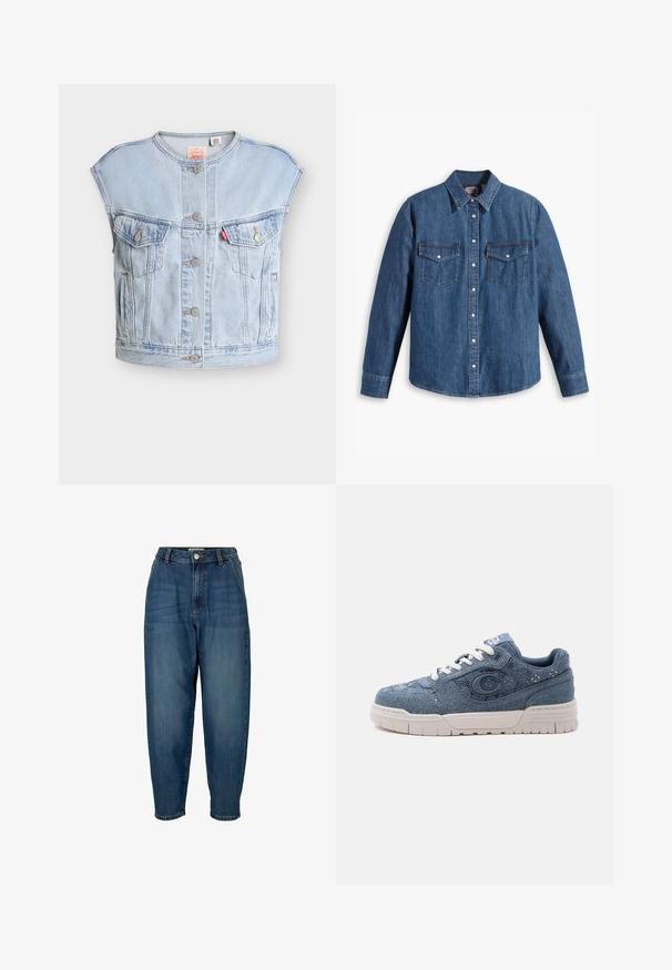 Chaleco vaquero sin mangas azul claro con botones delanteros, dos bolsillos en el pecho con botón, bolsillos laterales y una etiqueta roja de Levi's en el bolsillo izquierdo.; Camisa de denim en azul medio con cuello abotonado, mangas largas, dos bolsillos en el pecho y botones a presión plateados. Presenta costuras en contraste.; Vaqueros de mezclilla azul de cintura alta con un corte relajado, que presentan bolsillos frontales, cierre de cremallera y un leve desgaste en la tela.; Zapatilla deportiva de mezclilla azul con suela y cordones blancos, con un gran emblema "C" en el lateral y diseño de tela texturizada.