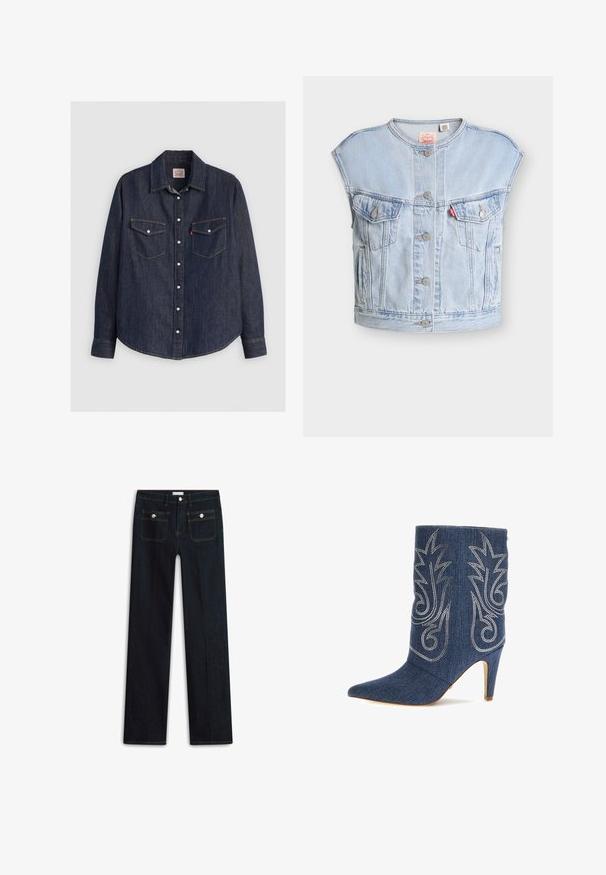 Lyseblå ærmeløs denimvest med frontknapper, to brystlommer med knapper, sidelommer og et rødt Levi's-mærke på venstre lomme.; Mørkeblå denimskjorte med lange ærmer, knaplukning fortil, to brystlommer med klapper og kontrasterende gule sømme.; Mørkeblå denimjeans med lige ben, der har to forlommer og synlige syningsdetaljer. Ingen synlige slidmærker.; Denim ankelstøvle med spids tå, buet design, sølv dekorativ syning og 3-tommer stiletto hæl. Mørkeblå med struktureret finish.