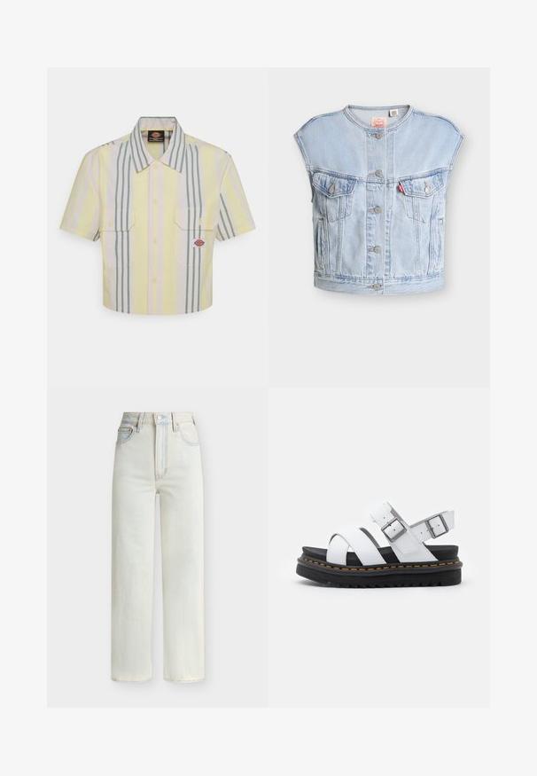 Chaleco vaquero sin mangas azul claro con botones delanteros, dos bolsillos en el pecho con botón, bolsillos laterales y una etiqueta roja de Levi's en el bolsillo izquierdo.; Camisa de mangas cortas recortada en amarillo claro con rayas verticales verdes y en tonos pastel. Presenta dos bolsillos en el pecho y un parche con el logo en el bolsillo izquierdo.; Vaqueros vaqueros de pierna recta y cintura alta en lavado azul claro con botón delantero, cremallera y diseño de cinco bolsillos.; Sandalias de cuero blancas con correas ajustables con hebilla, suela de plataforma negra en capas y detalle de costura naranja a lo largo del borde.