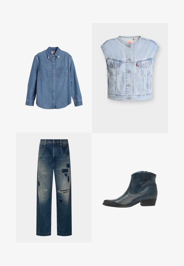 Chaleco vaquero sin mangas azul claro con botones delanteros, dos bolsillos en el pecho con botón, bolsillos laterales y una etiqueta roja de Levi's en el bolsillo izquierdo.; Camisa de mezclilla azul clara con mangas largas, cuello puntiagudo, dos bolsillos en el pecho y costuras en contraste. Presenta un diseño de canesú de estilo occidental.; Vaqueros de mezclilla azul con corte suelto, que presentan áreas desgastadas y parches oscuros reparados en los muslos delanteros y las rodillas.; Botas de cowboy hasta el tobillo, hechas de cuero azul oscuro, con punta afilada, acentos curvados y un tacón bajo apilado con sutiles detalles de costura.