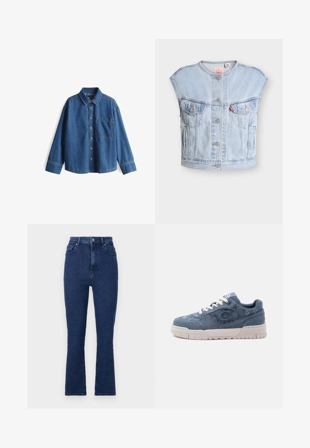 Hellblaues ärmelloses Jeansweste mit vorderen Knöpfen, zwei Brusttaschen mit Knöpfen, Seitentaschen und einem roten Levi's-Tag auf der linken Tasche.; Jeanshemd, hellblau, langärmlig, Knopfleiste vorne, Kragen, eine Brusttasche, kontrastierende Nähte und ein lässiger Schnitt.; Dunkelblaue, hoch geschnittene Jeans aus Denimstoff mit geradem Bein, die vordere Taschen und einen Metallknopfverschluss aufweisen.; Blauer Denim-Sneaker mit weißer Sohle und Schnürsenkeln, mit großem "C"-Emblem an der Seite und strukturiertem Stoffdesign.
