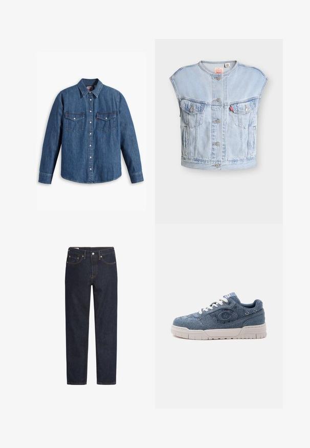 Chaleco vaquero sin mangas azul claro con botones delanteros, dos bolsillos en el pecho con botón, bolsillos laterales y una etiqueta roja de Levi's en el bolsillo izquierdo.; Camisa de denim en azul medio con cuello abotonado, mangas largas, dos bolsillos en el pecho y botones a presión plateados. Presenta costuras en contraste.; Jeans de mezclilla azul oscuro con corte recto, diseño de cinco bolsillos, remaches de cobre y detalle de costura naranja a lo largo de las costuras.; Zapatilla deportiva de mezclilla azul con suela y cordones blancos, con un gran emblema "C" en el lateral y diseño de tela texturizada.