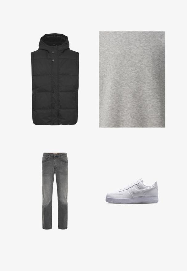 Sort polstret vest med hætte, der har trykknapper foran og sidelommer. Fremstillet af et blødt, tekstureret stof.; Lysegrå t-shirt lavet af blødt, tekstureret stof med et subtilt heather mønster. Casual design med korte ærmer og rund halsudskæring.; Grå denim jeans med lige pasform, fem-lomme design og en subtil slidt finish. Har en knap- og lynlås lukning.; Hvid lavtop Nike Air Force 1 sneaker med snørelukning og tekstureret sål vist i sideprofil på hvid baggrund.