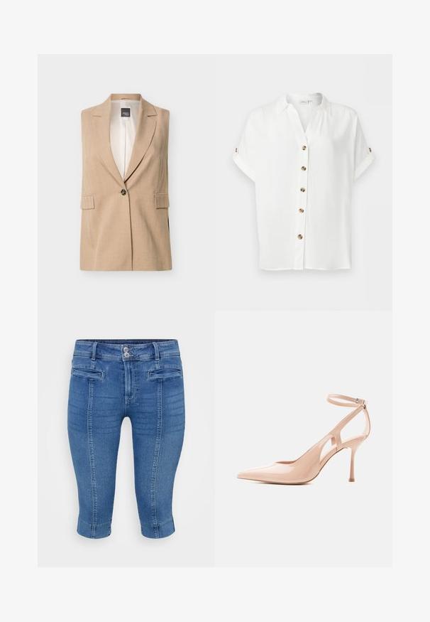 Blazer beige sans manches avec revers en encoche, fermeture par un seul bouton en écaille de tortue, et deux poches avant à rabat.; Chemisier blanc à manches courtes avec boutons marron sur le devant et sur les pattes de manches retroussées, avec un col classique et une coupe décontractée.; Pantalon capri en denim bleu avec un design ajusté, deux poches avant et un ourlet retroussé. Le tissu a une texture lisse avec un léger effet délavé.; Chaussure à talon aiguille en cuir verni nude avec bout pointu, côtés découpés et bride de cheville réglable avec boucle.