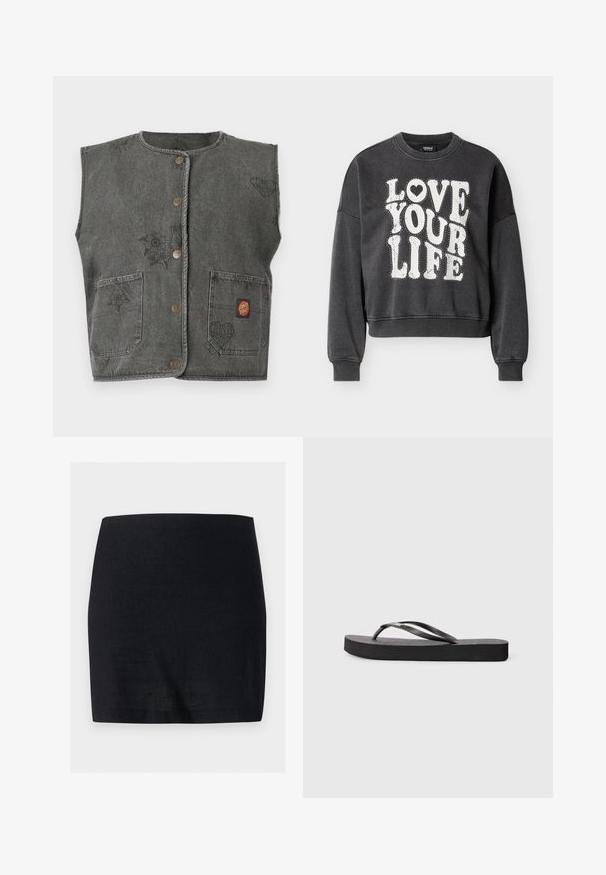 Graue Jeansweste mit Blumen- und Herzstickerei, ausgestattet mit rundem Ausschnitt, Vorderknöpfen und zwei Vordertaschen.; Schwarzer, kurz geschnittener Pullover mit Rundhalsausschnitt, large weißen Schriftzug "LOVE YOUR LIFE" und einem Herz-Akzent, aus einem bequemen Stoff gefertigt.; Schwarzer, gerade geschnittener Minirock aus einfachem, glattem Stoff ohne sichtbare Muster oder Verzierungen.; Schwarze Gummi-Flip-Flop-Sandale mit flacher Sohle, strukturiertem Fußbett und zwei runden Riemen. Minimalistisches Design mit schlankem Profil.