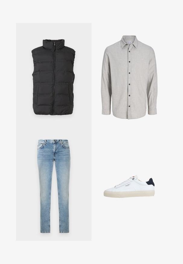 Chaleco acolchado negro con cuello alto, cremallera frontal y dos bolsillos laterales. Hecho de un material sintético suave.; Camisa de manga larga gris claro, hecha de tela texturizada. Presenta un cuello tipo camisa con botones y seis botones negros en el frente.; Jeans de denim azul claro con corte recto, que cuentan con un acabado desgastado, bolsillos delanteros y costuras en contraste. Bordes limpios en el dobladillo.; Zapatilla deportiva blanca de corte bajo con suela beige, cordones blancos, lengüeta trasera negra y logotipo "Pepe Jeans London" en el lateral.