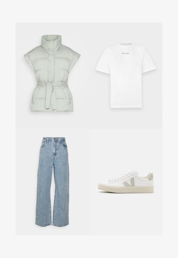 Gina Tricot LEANDRA VEST - Vest - desert sage; Hvid bomulds t-shirt med korte ærmer, rund halsudskæring og sort trykt tekst "SAMSØE SAMSØE" på brystet. Glat tekstur og almindelig pasform.; Lyseblå vidde denimjeans med høj talje, frontknap, lynlås og femlomme-design på ensfarvet baggrund.; Hvide sneakers lavet af læder med grå V-logo detaljer, struktureret gummisål, hvide snørebånd samt polstret tunge og krave.