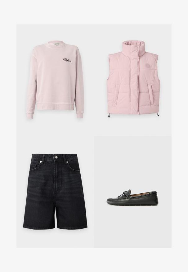 Pink polstret vest med høj krave, to forlommer og et logopatch. Glat stof med let isoleret design.; Lyserød langærmet sweatshirt med rund hals, ribkantede ærmegab og sort tekst "Infinite Summer ALLSAINTS London" på venstre bryst.; Sorte denimshorts med høj talje, frontlommer og metalknaplukning. Glat tekstur med subtile falmning detaljer.; Sorte læder bådsko med afrundet tå, stikninger, lille sløjfedetalje og gummisål. Glat tekstur og strømlinet design.