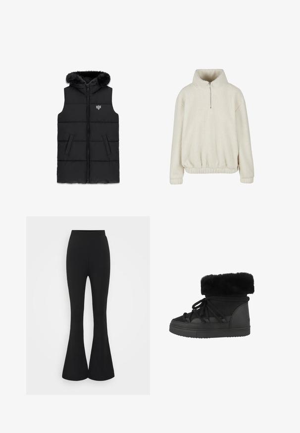 Sort polstret vest med lynlås foran, en hætte med pelsfor, og to frontlommer. Har et logo på venstre bryst. Glat, struktureret stof.; Flødefarvet sherpa fleece pullover med lange ærmer, høj krave, halvlukning foran med lynlås og elastiske manchetter og kant for en tætsiddende pasform.; Sorte flared bukser lavet af et strækbart stof. Designet har en høj talje og en flared nedre kant, der åbner sig under knæet.; Sorte ankelstøvler med kunstpels, der har struktureret materiale, rund tå og flad gummisål. Inkluderer snørebånd til lukning.