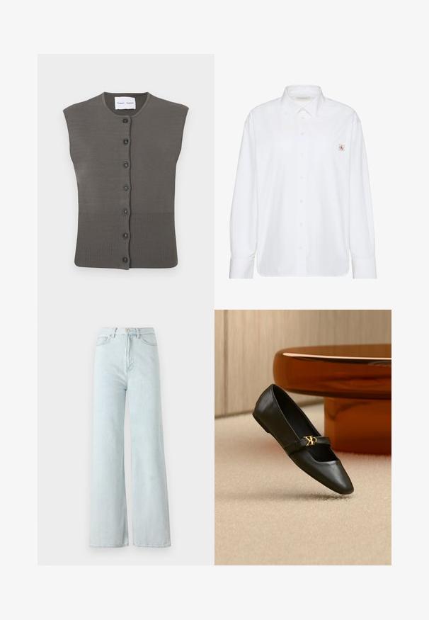 Ærmeløs grå cardigan med ribbet kant og knaplukning. Fremstillet af strikket materiale, med rund halsudskæring og glat tekstur.; Hvid skjorte med lange ærmer og knapper, spidse krave og lille Calvin Klein-logo på venstre brystlomme.; Lysblå vid bukser med høj talje, lavet af denimstof. Har en lukning med knap og lynlås samt forlommer.; Sort læder flad sko med spids tå og gyldent CK-logo på rem, placeret på beige tæppe nær et rundt ravbrunt bord.