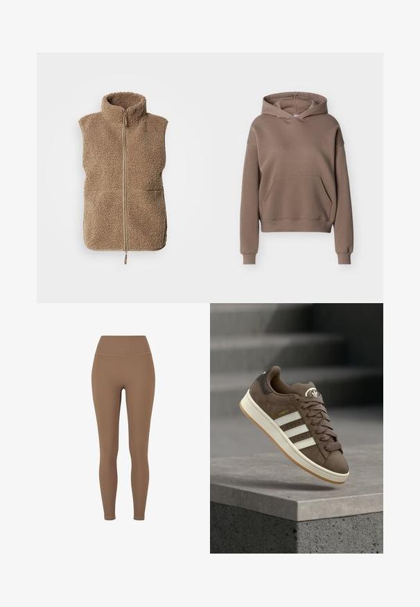 Veste en polaire marron clair avec un col montant, une fermeture éclair à l'avant, et une surface texturée et duveteuse. Dotée de deux poches avant.; Sweat à capuche marron avec poche kangourou à l'avant et poignets et ourlet côtelés, présenté sur un fond uni.; Leggings marron côtelés avec une taille haute. Le tissu semble extensible et lisse, avec des coutures minimales et sans motifs visibles.; Baskets en daim marron avec des rayures blanches, des lacets marron et une semelle en caoutchouc. Elles présentent un logo doré et des accents texturés près du talon.